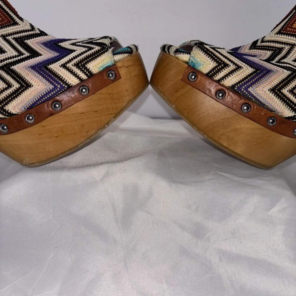 Missoni Multicolor Chevron Knit Fabric Wood Platform PEEP TOE Clogs Size 38 Rare